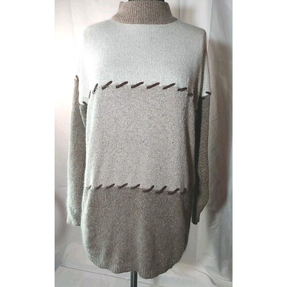 Chamonix Women Knit Beige colorblock stitch Silk Angora Blend Sweater Size Large - Picture 1 of 7